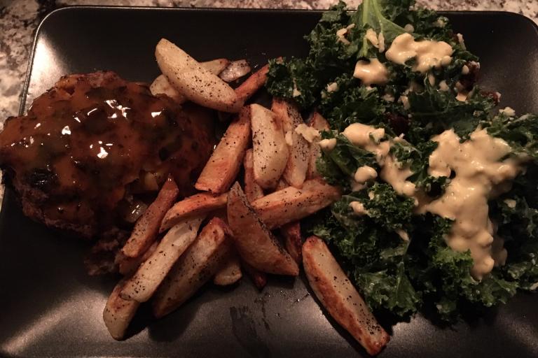 Burger image with fries and kale