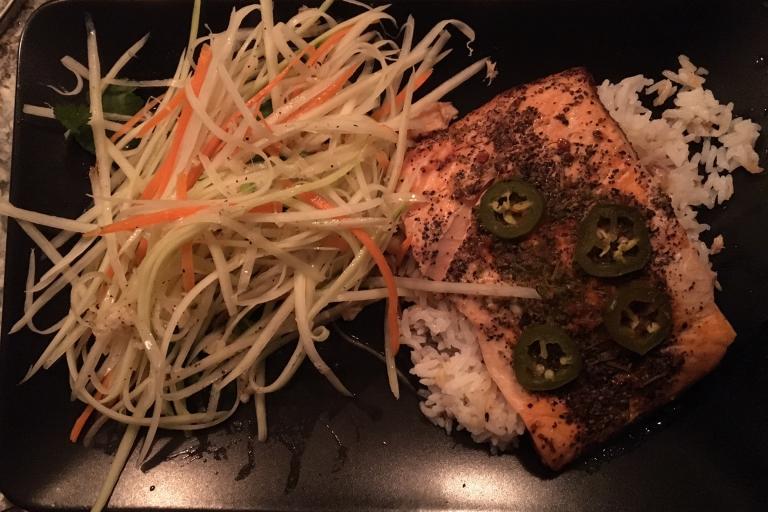 Green papaya salad with salmon and rice.